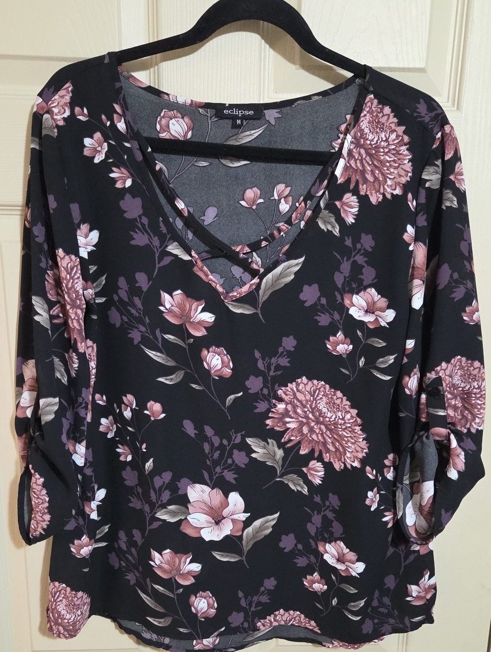 Eclipse Black Floral V-Neck Blouse with Rose and Mauve Blooms